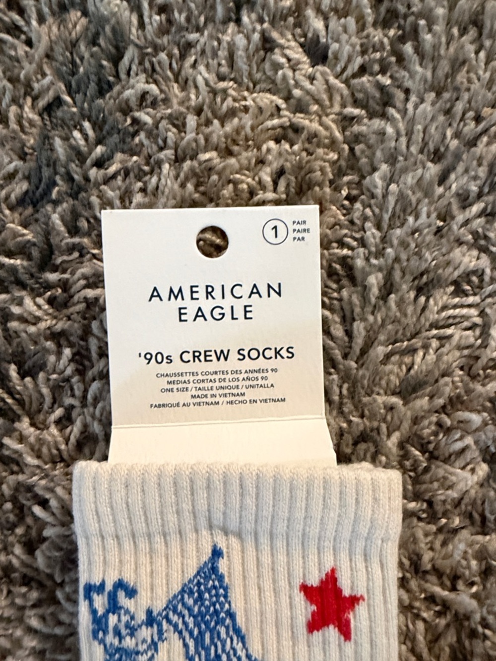 American Eagle Outfitters White Crew Socks with Red & Blue Flag Pluto Design - Picture 2 of 4